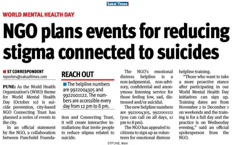 NGO plans events for reducing stigma connected to suicides